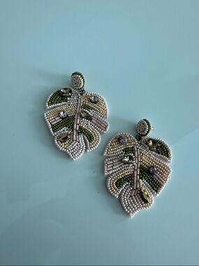 Source Unknown Beaded Leaf Drop Earrings — Pink & Green